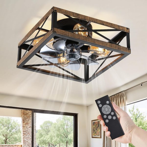windphoto Caged Low Profile Square Ceiling Fans with Lights and Remote | 6 Speed and Reversible, Small Farmhouse Rustic Bladeless Ceiling Fan Flush Mount for Bedroom, Kitchen, Dining Room