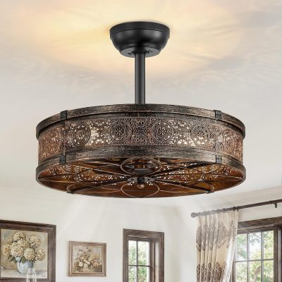 windphoto 20" Caged Farmhouse Victorian Ceiling Fan with Light, Black Gold | Downrod, Bladeless Enclosed Fandelier, 6 Speed, Quiet Powerful DC, Rustic,Vintage, Rustic, Small, Bedroom, Kitchen