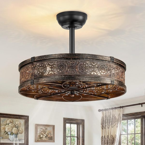 817lR9I83L._AC_SL1500_.jpg windphoto 20" Caged Farmhouse Victorian Ceiling Fan with Light, Black Gold | Downrod, Bladeless Enclosed Fandelier, 6 Speed, Quiet Powerful DC, Rustic,Vintage, Rustic, Small, Bedroom, Kitchen