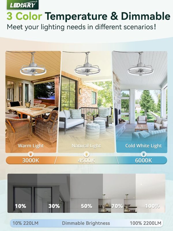 windphoto 20" Waterproof Grey Outdoor Ceiling Fan with Light for Gazebo | IP65 Wet Rated,APP Control,6-Speeds,3CCT Dimmable,Reverse DC Motor,Suitable for 10' x 12' Area,Plug In for Patio,Porch