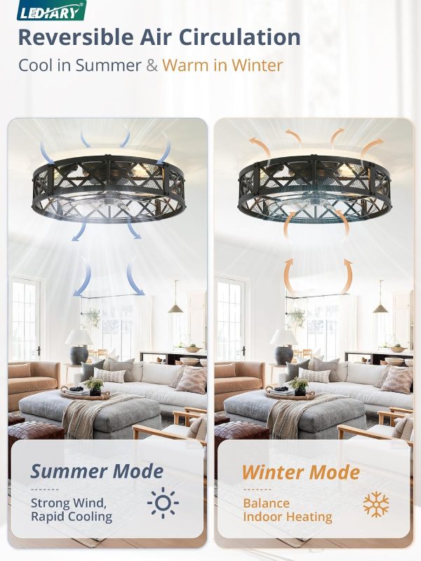 windphoto 23" Caged Farmhouse Ceiling Fan with Light, Flush Mount, Black | Remote&APP Control, Large Low Profile, Rustic Fandaliers, Industrial Bladeless Enclosed, Powerful Motor for Bedroom, Kitchen