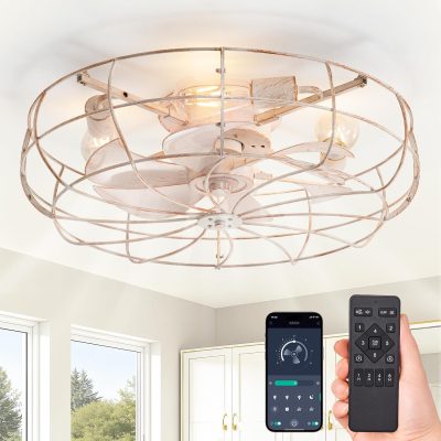 818W3hUZFJL._AC_SL1500_.jpg windphoto 23" Caged Farmhouse Ceiling Fans with Lights and Remote/App, White | Flush Mount Bladeless Low Profile, Fandalier Large Rustic, Industrial Enclosed, Quiet & Powerful for Bedroom, Kitchen, Indoor