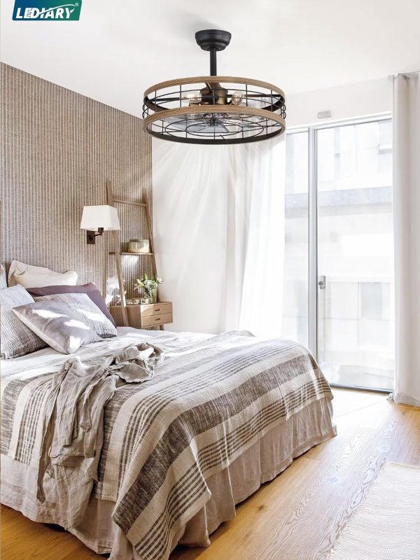 windphoto 22 inch Caged Fandelier Ceiling Fan Light with Remote, Brown | 6 Speed Adjustable,Timing, Quiet & Powerful DC, Large, Farmhouse, Industrial, Enclosed, Bladeless, Bedroom, Kitchen, Downrod