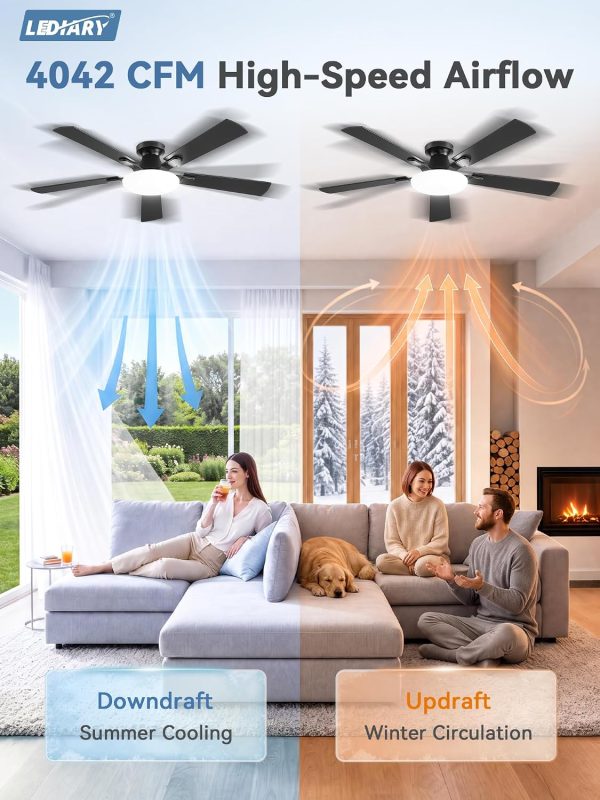 windphoto 52 Inch Flush Mount Ceiling Fans with Lights, Remote & APP Control | Bright Light, 3CCT, Memory Function, Timer, Reversible Blade, Quiet DC Motor, Damp-Rated, Living Room, Bedroom, Covered Patio