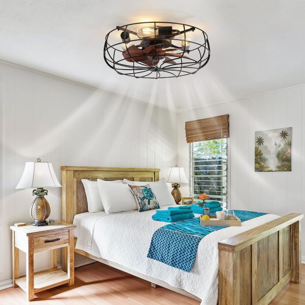818tFcyfdZL._AC_SL1500_.jpg windphoto 20" Caged Farmhouse Ceiling Fans with Lights and Remote/App, Black | Flush Mount Bladeless Low Profile, Fandalier Small Rustic, Industrial Enclosed, Quiet & Powerful for Bedroom, Kitchen, Indoor
