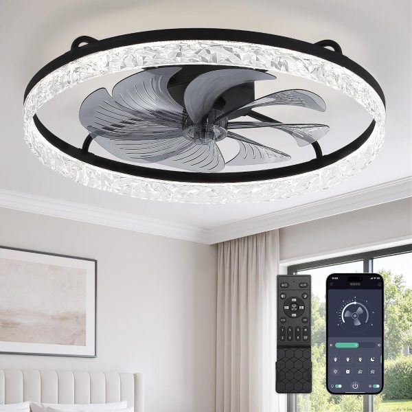 windphoto 24" Low Profile Ceiling Fans with Light and Remote, Fandelier Black | Reversible Airflow, 3000-6000K Dimmable LED, 6 Speeds, DC Motor, Memory, Timer, Flush Mount, Bedroom, Living Room, Kitchen