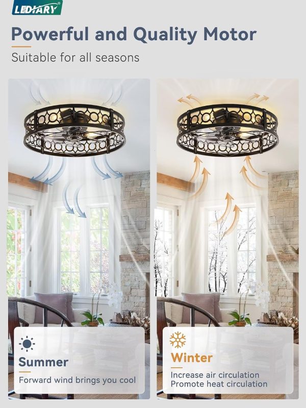 81ACd-xVA8L._AC_SL1500_.jpg windphoto 23 Inch Caged Flush Mount Ceiling Fans with Lights, Black | Low Profile, Farmhouse, Bladeless Enclosed Fandelier, Small, 6 Speed, Quiet Reversible DC, Bedroom, Kitchen, Living Room,