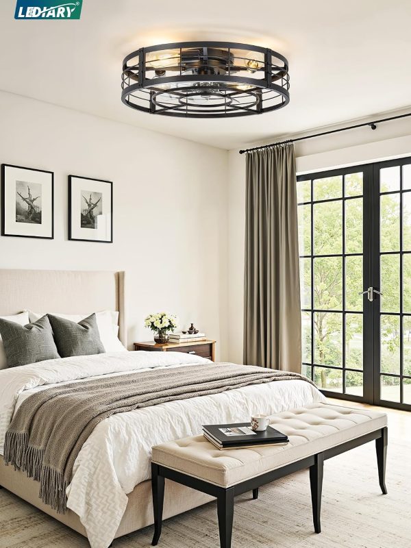 81AOkQfKSeL._AC_SL1500_.jpg windphoto 23" Black Caged Low Profile Ceiling Fan with Light and Remote | Flush Mount, Bladeless Enclosed Fandelier, 6 Speed, Quiet Powerful DC, Rustic,Farmhouse, Small, Bedroom, Kitchen, Indoor