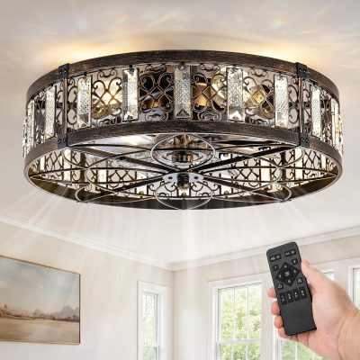 windphoto 20" Caged Flush Mount Vintage Ceiling Fan and Remote, Black Gold | Low Profile, Bladeless Enclosed Fandelier, 6 Speed, Quiet Reversible DC, Rustic, Victorian, Rustic, Crystal, Bedroom, Kitchen