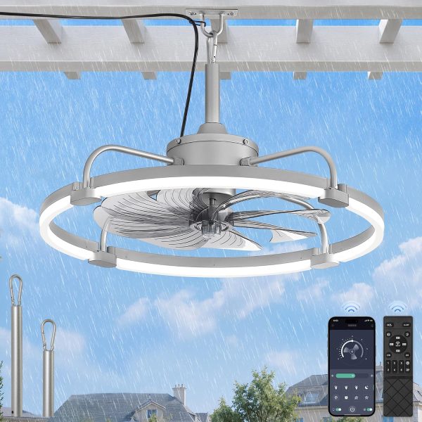 windphoto 24" Waterproof Grey Outdoor Ceiling Fan with Light for Gazebo | IP65 Wet Rated,APP Control,6-Speeds,3CCT Dimmable,Reverse DC Motor,Suitable for 12' x 14' Area,Plug In for Patio,Porch