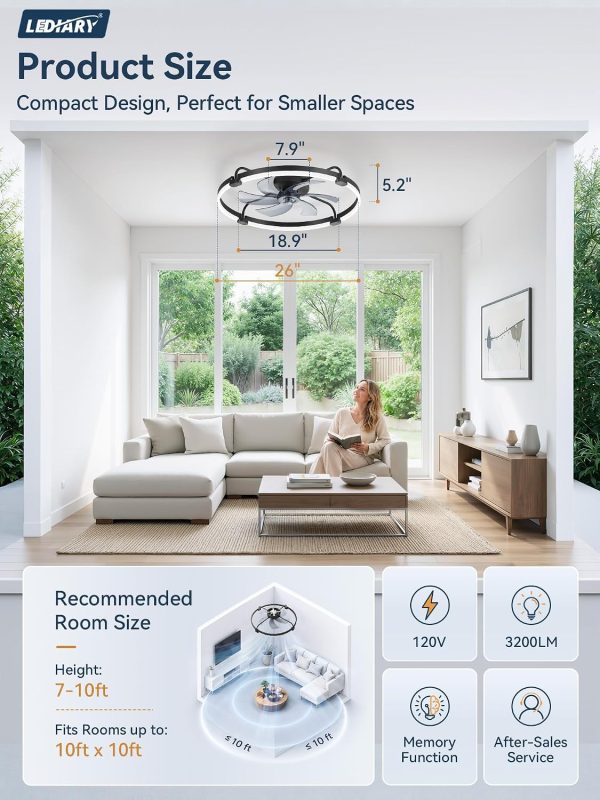 windphoto 26" Low Profile Ceiling Fans with Lights, Remote/APP Control, Black | Wider Airflow, Stepless Dimmable LED, Quiet Reversible DC Motor, 6 Speeds, 3CCT, Timer, Bedroom, Living Room, Kitchen