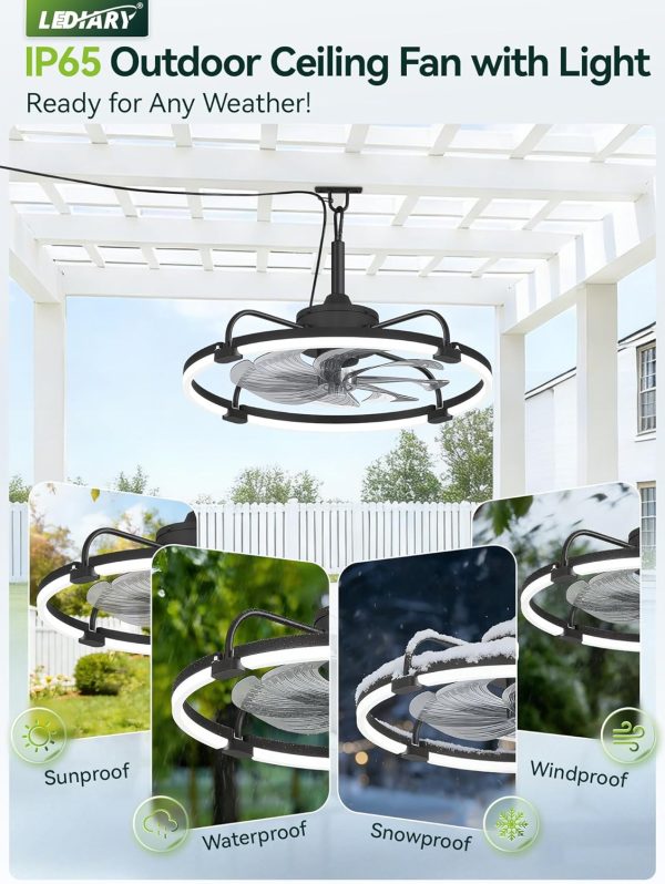 windphoto 24" Waterproof Black Outdoor Ceiling Fan with Light for Gazebo | IP65 Wet Rated,APP Control,6-Speeds,3CCT Dimmable,Reverse DC Motor,Suitable for 12' x 14' Area,Plug In for Patio,Porch