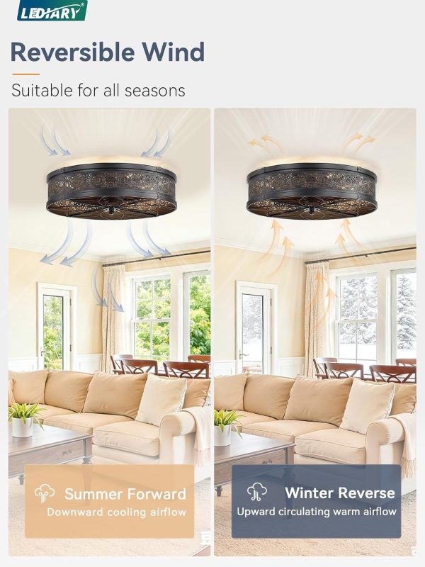 windphoto 20" Caged Farmhouse Ceiling Fan and Light with Remote, Black | Flush Mount, Bladeless Enclosed Fandelier, 6 Speed, Quiet Powerful DC, Rustic,Vintage, Rustic, Small, Bedroom, Kitchen