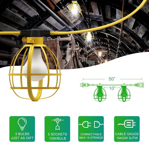 windphoto 50FT Construction String Lights, 5 Bulbs 50W 5250LM Work Lights | with 5 Medium Base Sockets, Linkable Construction Lights, Weatherproof Commercial-Grade Temporary Lighting for Indoor&Outdoor