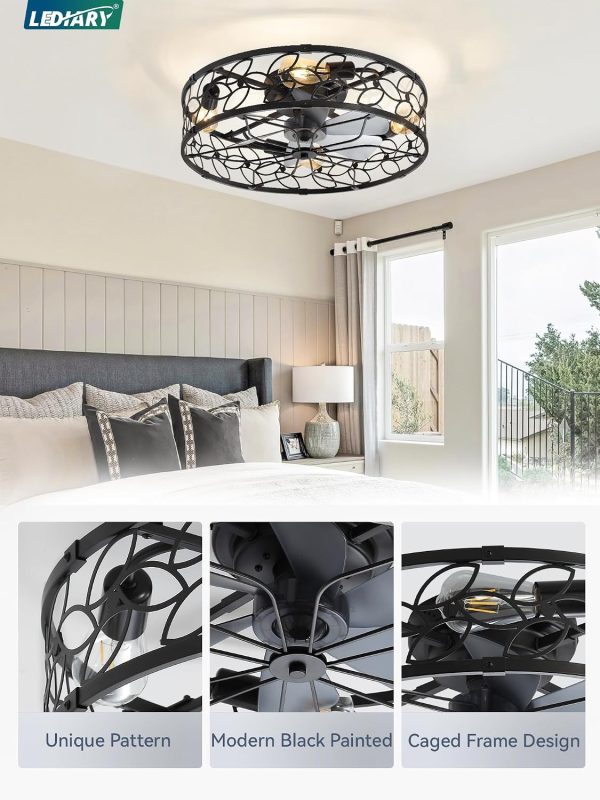 81C3tBdLmJL._AC_SL1500_.jpg windphoto 23" Caged Ceiling Fan with Light, Flush Mount Fandalier with Remote | Low Profile, Farmhouse Large, Bladeless Industrial, Quiet DC Motor, App Control for Bedroom, Kitchen, Dining Room, Black