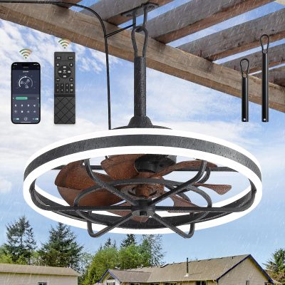 windphoto 24" Outdoor Ceiling Fans with Light, IP65 Waterproof Gazebo Fan | Outdoor Fan with Hanging Hook, Remote & App Control, 3CCT Dimmable,Timer, Caged Plug in Ceiling Fan for Patio, Porch, Pergola