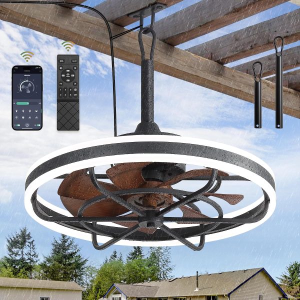 windphoto 24" Outdoor Ceiling Fans with Light, IP65 Waterproof Gazebo Fan | Outdoor Fan with Hanging Hook, Remote & App Control, 3CCT Dimmable,Timer, Caged Plug in Ceiling Fan for Patio, Porch, Pergola