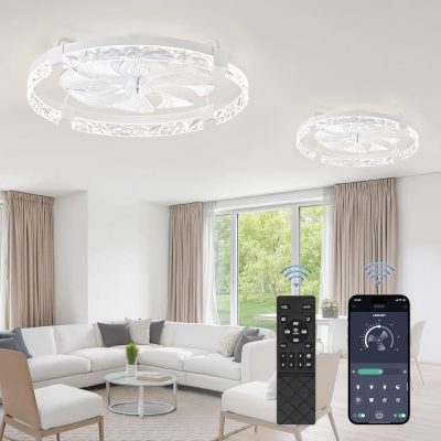 windphoto 2-Pack 24" Ceiling Fans with Lights, APP & Remote, White | Low Profile, Flush Mount, Fandelier, 3000K-6000K, Dimmable LED, for Bedroom