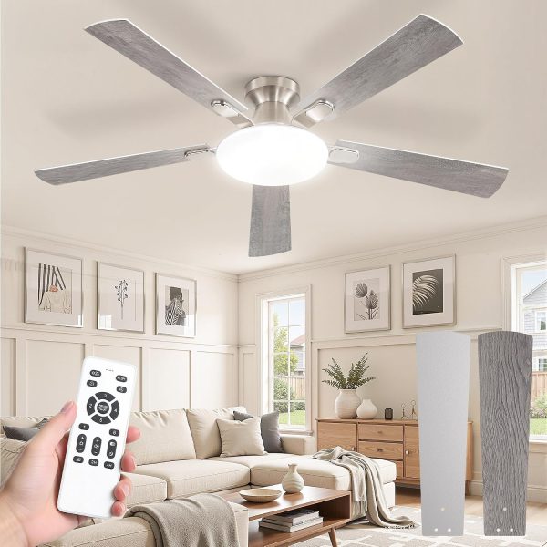 52 Inch Ceiling Fan with Lights and Remote, 30W 12" LED Panel Flush Mount Ceiling Fan, 6-Speed Quiet DC Motor Modern Low Profile Ceiling Fan with Reversible Blades for Bedroom, Living Room, Patio