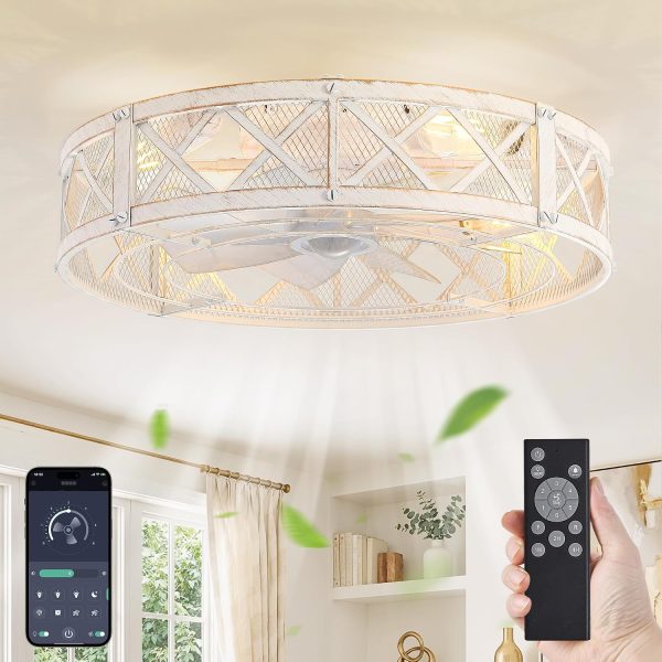 81CkMRJCnvL._AC_SL1500_.jpg windphoto 23" Caged Farmhouse Ceiling Fan with Light, Flush Mount, White Gold | Remote&APP Control, Large Low Profile, Rustic Fandaliers, Industrial Bladeless Enclosed, Powerful Motor for Bedroom, Kitchen