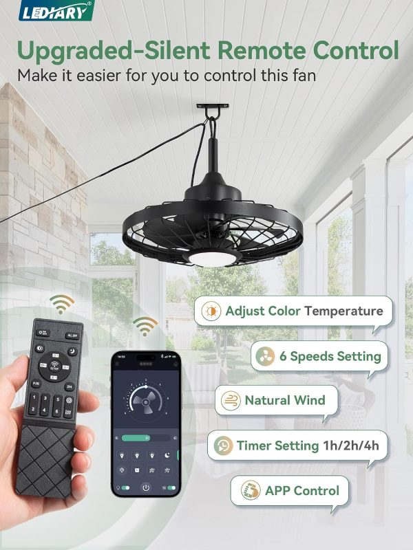 windphoto 20" Outdoor IP65 Waterproof Plug in Ceiling Fan with Lights | 6 Speeds,3CCT,Quiet,Timer,Remote Control,Smart App,DC motor,Reversible,Caged Design,ABS Material,Gazebo,Patio,Porch,Pergola
