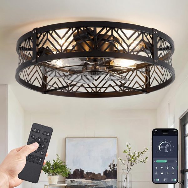 81DvknmzmNL._AC_SL1500_.jpg windphoto 23" Caged Ceiling Fan with Light and Remote, Large Fandalier, Black | Flush Mount Low Profile, APP Control, Bladeless Industrial Enclosed, Quiet & Powerful for Bedroom, Kitchen, Dining Room