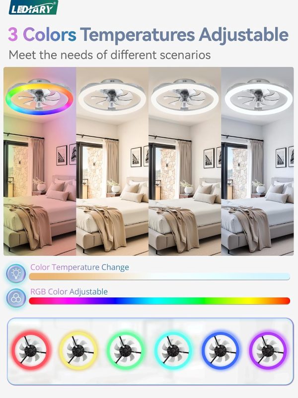 windphoto 20" Ceiling Fans with Lights and Remote for Bedroom, Grey | RGB Low Profile Fan Light, 3000K-6000K Stepless Dimmable, 6 Speed, Reversible DC Motor, APP & Remote Control, Low Noice