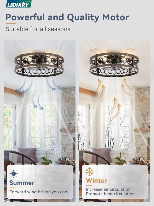 81Em7iGkEUL._AC_SL1500_.jpg windphoto 20 Inch Caged Flush Mount Ceiling Fans with Lights, Black Gold | Low Profile, Farmhouse, Bladeless Enclosed Fandelier, Small, 6 Speed, Quiet Reversible DC, Bedroom, Kitchen, Living Room,
