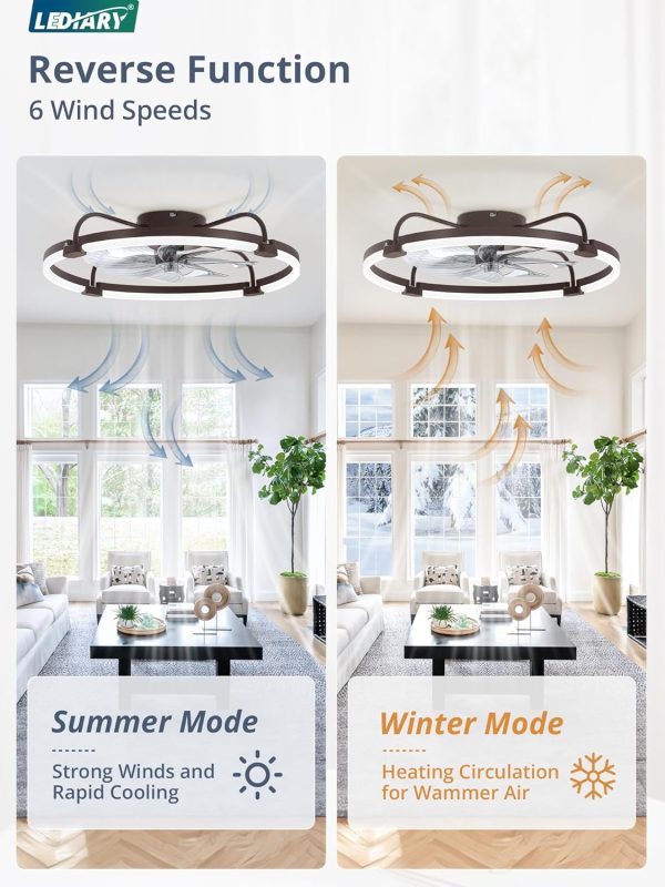 windphoto 24" Ceiling Fans with Lights and Remote, Low Profile Led Fan Light | Flush Mount, Stepless Dimmable Fandelier, 6 Speeds, 3 CCT, Quiet Reversible DC Motor, 2H Timer, Bedroom, Living Room, Brown