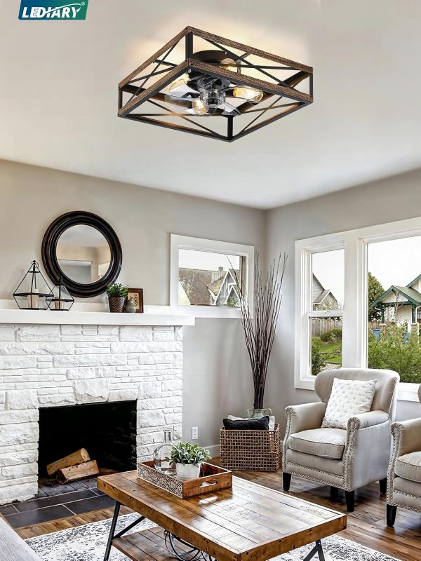 windphoto 20 Caged Low Profile Square Ceiling Fans with Lights and Remote | 6 Speed and Reversible, Small Farmhouse Rustic Bladeless Ceiling Fan Flush Mount for Bedroom, Kitchen, Dining Room