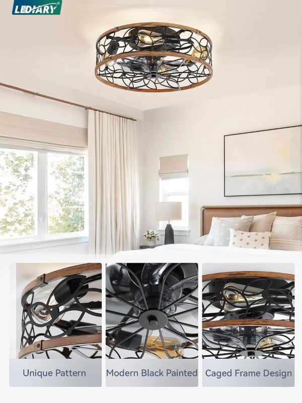 81FIiLc2faL._AC_SL1500_.jpg windphoto Caged Ceiling Fan with Light, Flush Mount Fandalier with Remote | Low Profile, Farmhouse Small, Bladeless Industrial, Quiet DC Motor, App Control for Bedroom, Kitchen, Dining Room, Walnut