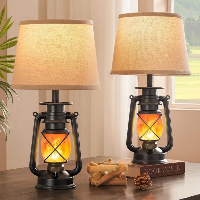 81FLRWyTUuL._AC_SL1500_.jpg windphoto 18.72" Black LED Lantern Flickering Flame Table Lamps Set of 2 | Small Farmhouse Vintage End Table Lamps, Western Halloween decor, Rustic Lantern Bedside Lamps, for Living Room Bedroom