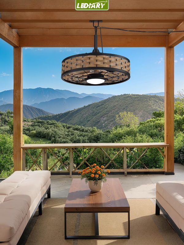 windphoto 20" Light Brown IP65 Waterproof Outdoor Ceiling Fan with Light | No Assembling,Remote&APP Control,3CCT Dimmable,6-Speeds,Boho Rattan, for Gazebo,Patio,Porch