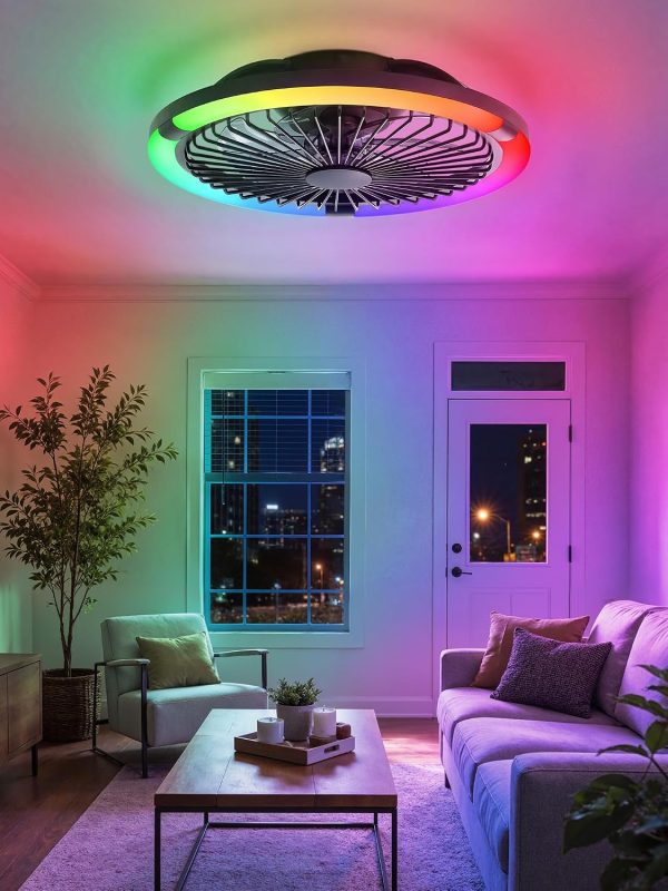 81FMzAvNQhL._AC_SL1500_.jpg windphoto 20" Low Profile Bladeless Ceiling Fan with RGB, Remote&APP, White | Flush Mount, 6 Speed Adjustable, 3000-6000K Dimmable LED, Modern Enclosed Fandelier with Timming, Bedroom, Kids Room