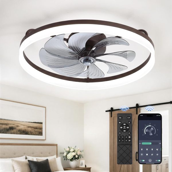 81FhbrT4LKL._AC_SL1500_.jpg windphoto 23" Low Profile Ceiling Fans with Lights, APP & Remote, Brown | Flush Mount, Dimmable LED, Quiet DC Motor, Reversible, 6 Speeds, Fandelier, for Bedroom