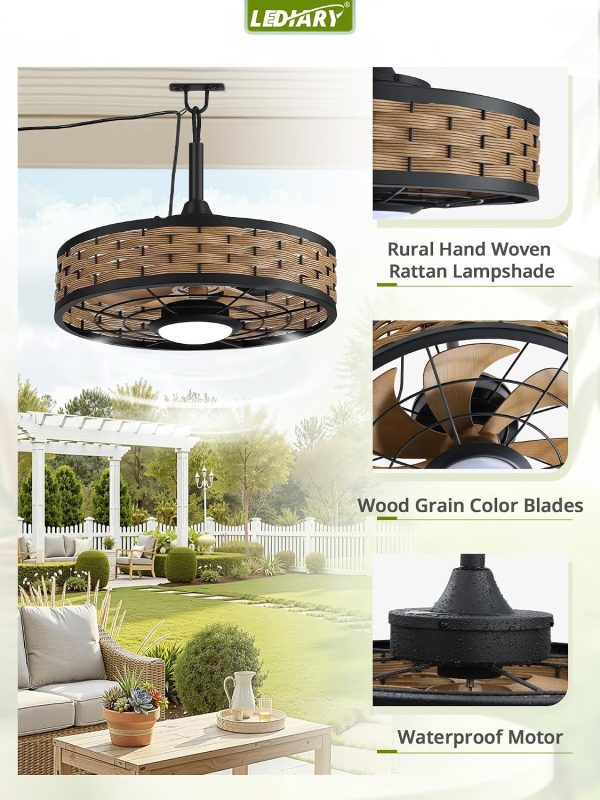 windphoto 20" Light Brown IP65 Waterproof Outdoor Ceiling Fan with Light | No Assembling,Remote&APP Control,3CCT Dimmable,6-Speeds,Boho Rattan, for Gazebo,Patio,Porch