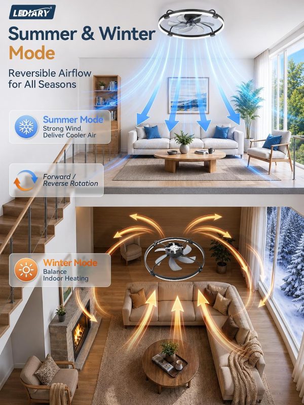 windphoto 26" Low Profile Ceiling Fans with Lights, Remote/APP Control, Black | Wider Airflow, Stepless Dimmable LED, Quiet Reversible DC Motor, 6 Speeds, 3CCT, Timer, Bedroom, Living Room, Kitchen