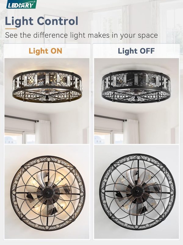 windphoto 20" Caged Flush Mount Vintage Ceiling Fan and Remote, Black | Low Profile, Bladeless Enclosed Fandelier, 6 Speed, Quiet Reversible DC, Rustic, Victorian, Rustic, Crystal, Bedroom, Kitchen