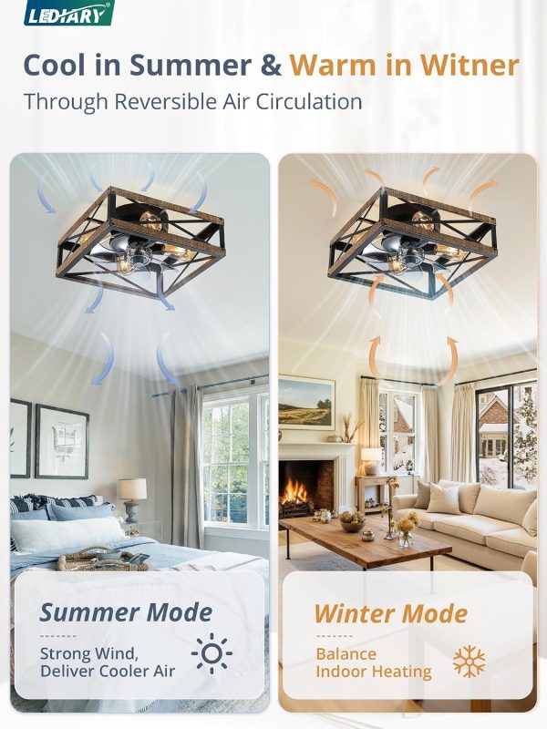 windphoto Caged Low Profile Square Ceiling Fans with Lights and Remote | 6 Speed and Reversible, Small Farmhouse Rustic Bladeless Ceiling Fan Flush Mount for Bedroom, Kitchen, Dining Room