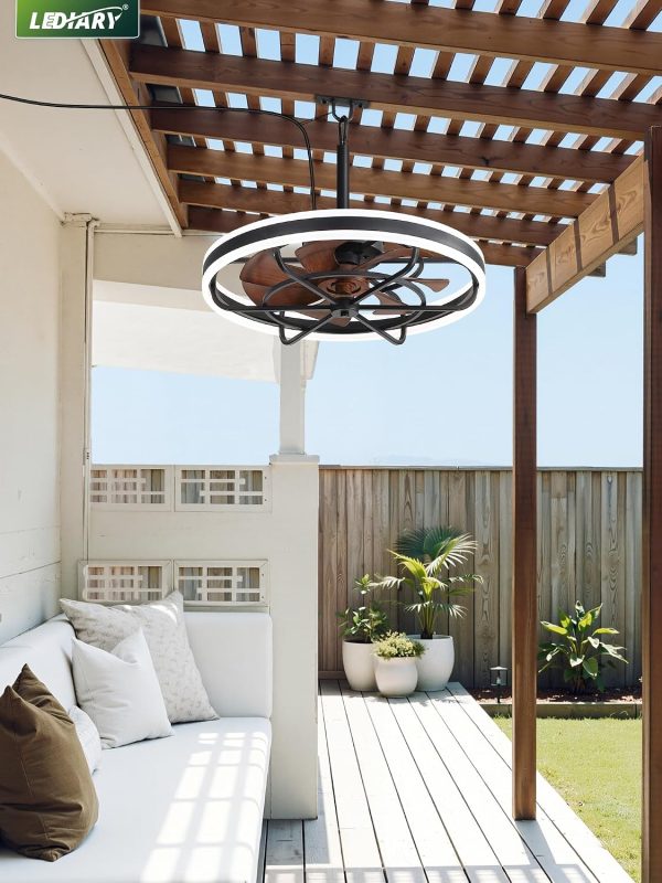 windphoto 24" Outdoor Ceiling Fans with Light, IP65 Waterproof Gazebo Fan | Outdoor Fan with Hanging Hook, Remote & App Control, 3CCT Dimmable,Timer, Caged Plug in Ceiling Fan for Patio, Porch, Pergola