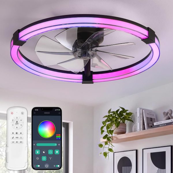 81H4gGRbysL._AC_SL1500_.jpg windphoto Ceiling Fan with Light,23inch Low Profile Fandelier with Remote RGB | RGB,6 Speeds, Reversible DC Motor, Dimmable Flush Mount Fan Light, Modern fans for Bedroom