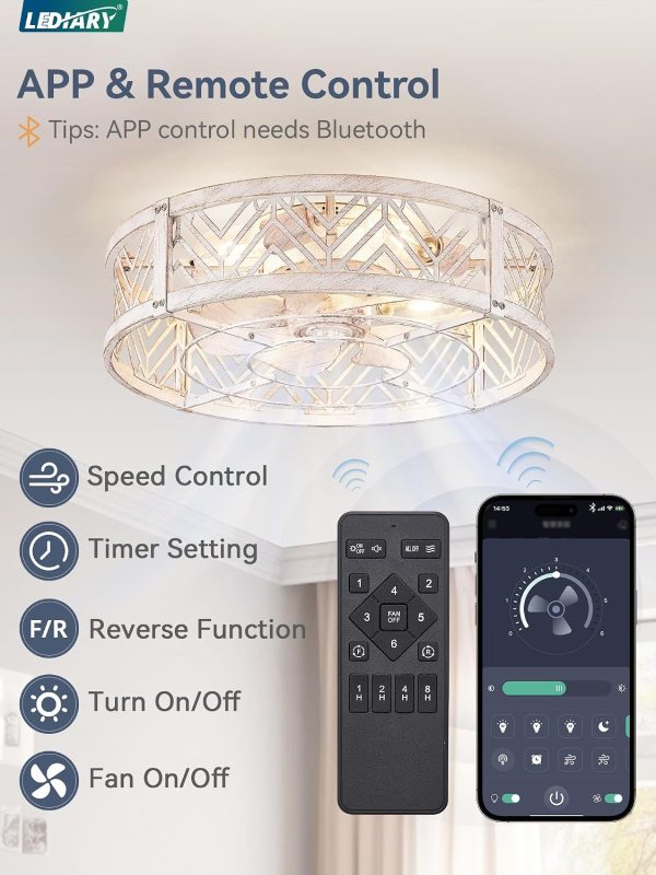 windphoto 20" Caged Ceiling Fan with Light and Remote, Small Fandalier, White | Flush Mount Low Profile, APP Control, Bladeless Industrial Enclosed, Quiet & Powerful for Bedroom, Kitchen, Dining Room