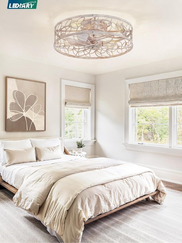 81I5yZlQmvL._AC_SL1500_.jpg windphoto 23" Caged Ceiling Fan with Light, Flush Mount Fandalier with Remote | Low Profile, Farmhouse Large, Bladeless Industrial, Quiet DC Motor, App Control for Bedroom, Kitchen, Dining Room, White Gold