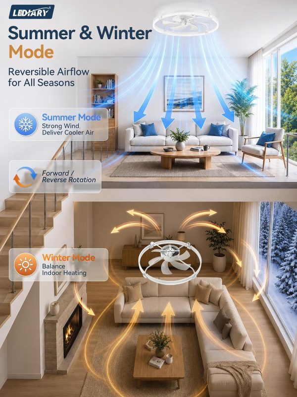 windphoto 26" Low Profile Ceiling Fans with Lights, Remote/APP Control, White | Wider Airflow, Stepless Dimmable LED, Quiet Reversible DC Motor, 6 Speeds, 3CCT, Timer, Bedroom, Living Room, Kitchen