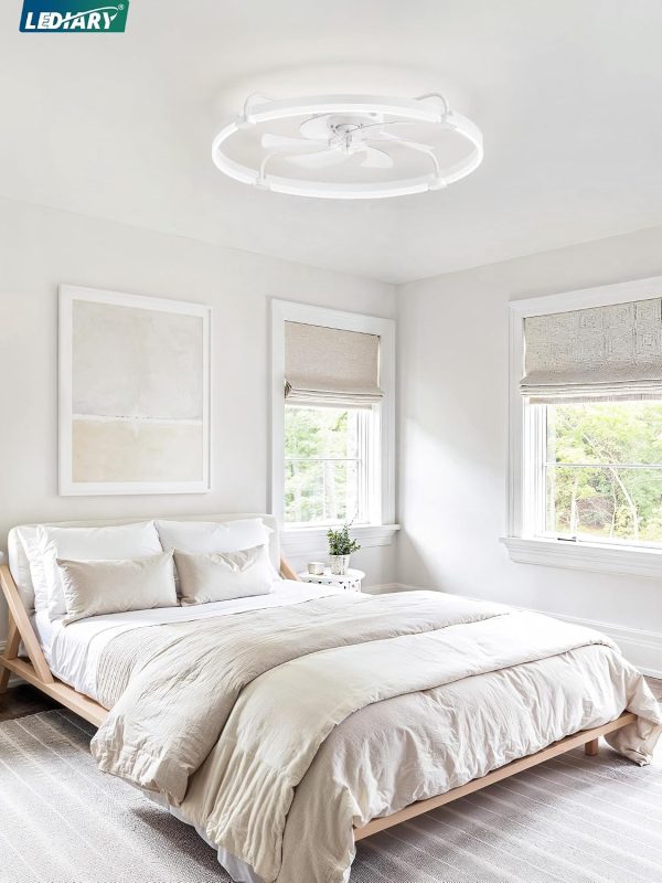windphoto 30" Ceiling Fans with Lights and Remote, Low Profile Led Fan Light | Flush Mount, Stepless Dimmable Fandelier, 6 Speeds, 3 CCT, Quiet Reversible DC Motor, 2H Timer, Bedroom, Living Room, White
