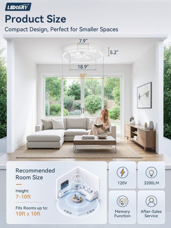 windphoto 30" Low Profile Ceiling Fans with Lights, Remote/APP Control, White | Wider Airflow, Stepless Dimmable LED, Quiet Reversible DC Motor, 6 Speeds, 3CCT, Timer, Bedroom, Living Room, Kitchen