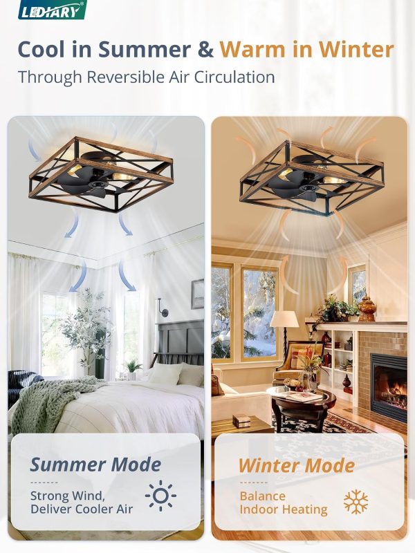 windphoto 23 Caged Flush Mount Square Ceiling Fans with Lights and Remote | 6 Speed and Reversible, Small Farmhouse Rustic Bladeless Ceiling Fan Low Profile for Bedroom, Kitchen, Dining Room