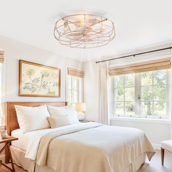 81J03dg7CML._AC_SL1500_.jpg windphoto 23" Caged Farmhouse Ceiling Fans with Lights and Remote/App, White | Flush Mount Bladeless Low Profile, Fandalier Large Rustic, Industrial Enclosed, Quiet & Powerful for Bedroom, Kitchen, Indoor