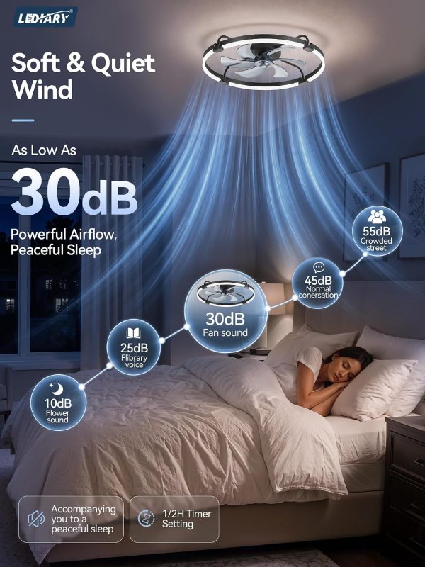 windphoto 26" Low Profile Ceiling Fans with Lights, Remote/APP Control, Black | Wider Airflow, Stepless Dimmable LED, Quiet Reversible DC Motor, 6 Speeds, 3CCT, Timer, Bedroom, Living Room, Kitchen