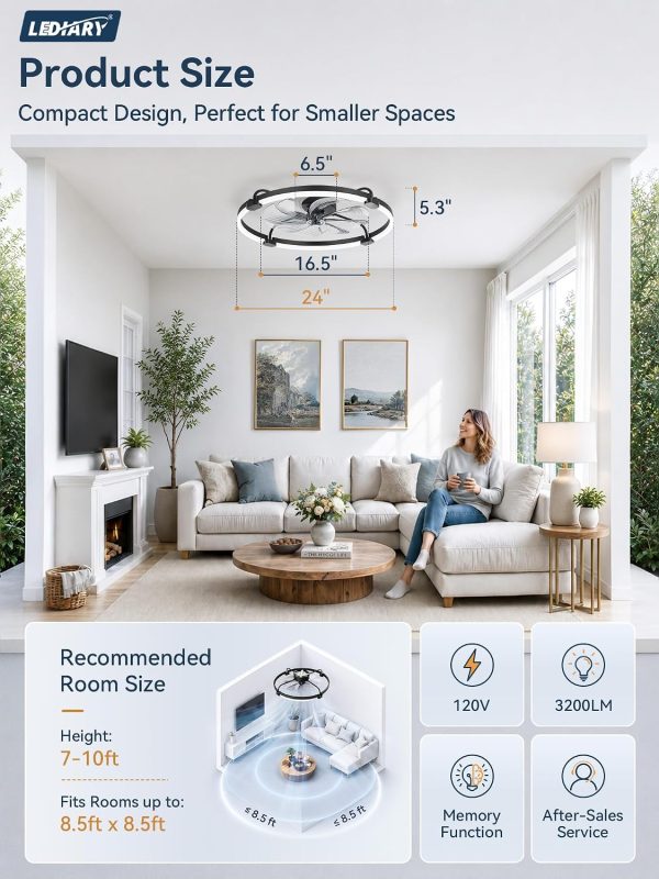 windphoto 24" Low Profile Ceiling Fans with Lights, Remote/APP Control, Black | Wider Airflow, Stepless Dimmable LED, Quiet Reversible DC Motor, 6 Speeds, 3CCT, Timer, Bedroom, Living Room, Kitchen